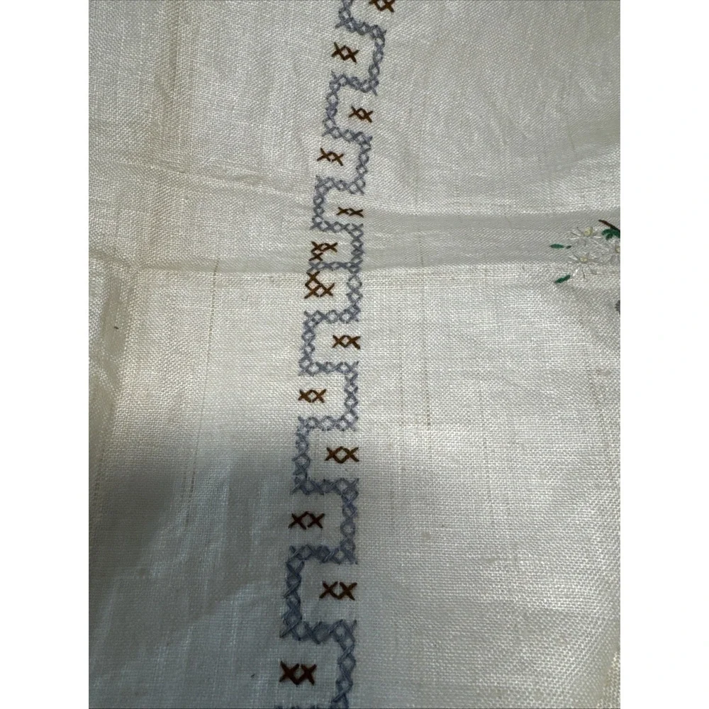 VTG Linen Hand Embroidered Cross Stitch Tablecloth Floral 54x68